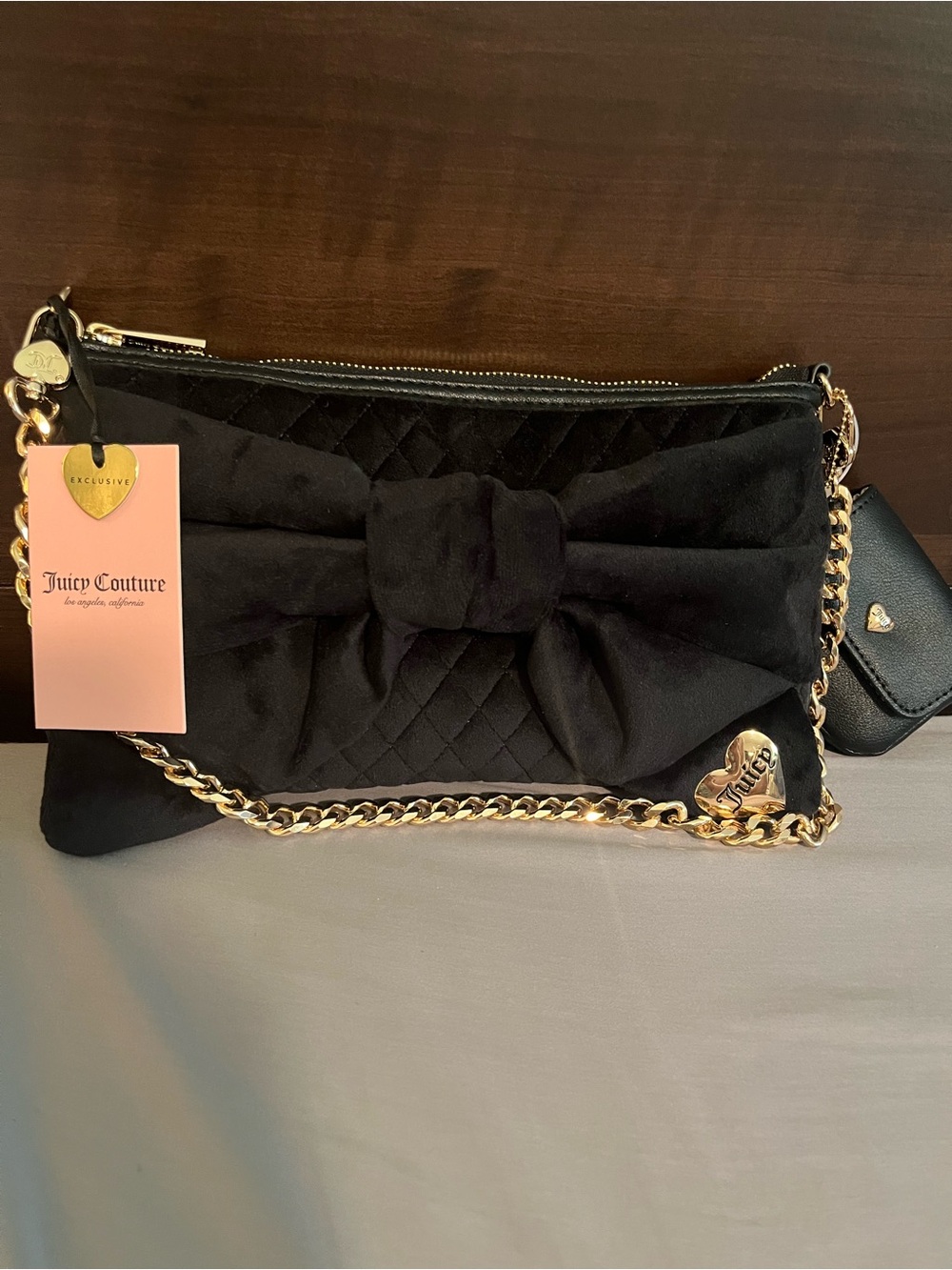 Juicy Couture Black Quilted Bow Shoulder Bag with Gold Chain